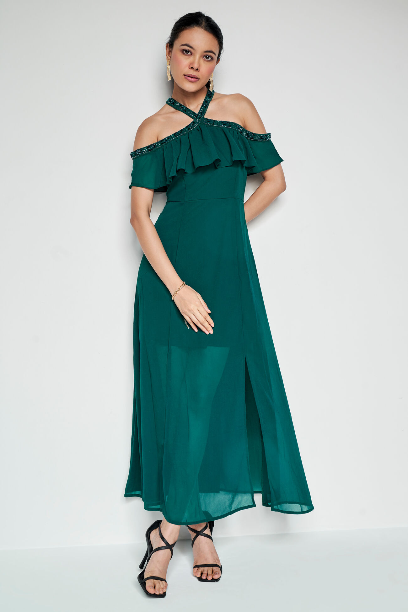 Jewel Wave Flared Dress, Emerald Green, image 1